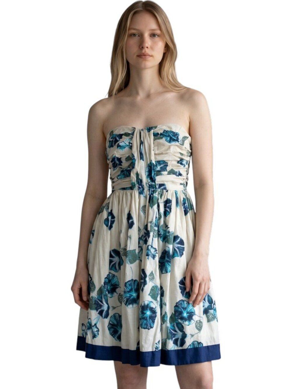 Alberta Ferretti Impulse Strapless Floral Cotton Ruched Dress Ivory Teal Size 10
